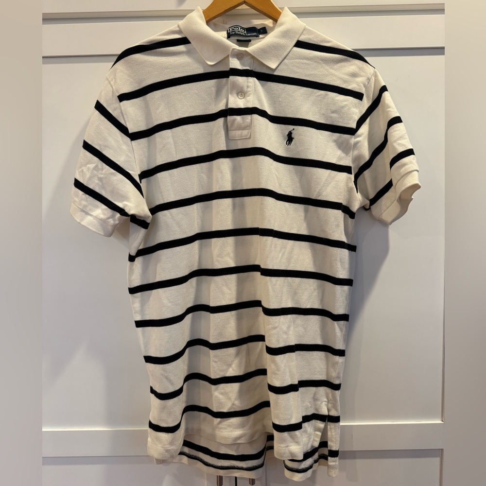 Ralph Lauren White Polo Shirt with Black Stripes L